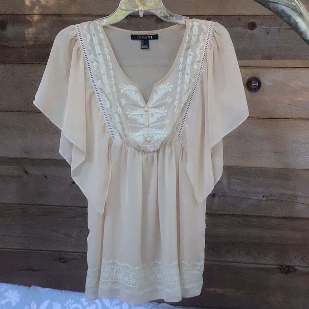 Forever 21 Sheer Beige Blouse Sm - Picture 2 of 9